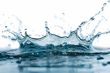 Water splashes and drops isolated on white background. Abstract background with blue water wave