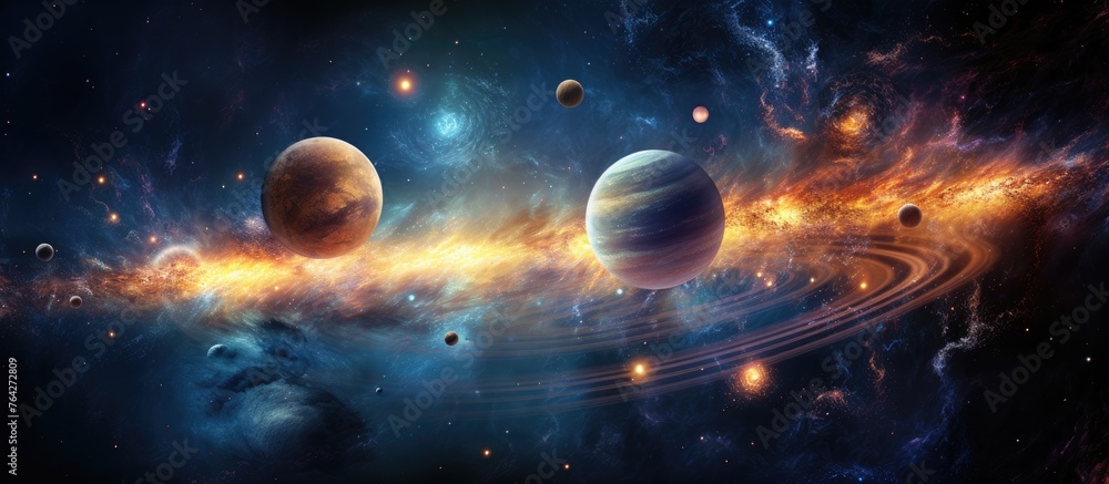 Poster a collection of planets floating in the outer space surrounded by glowing stars and colorful nebulas