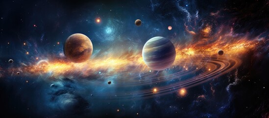 A collection of planets floating in the outer space surrounded by glowing stars and colorful nebulas