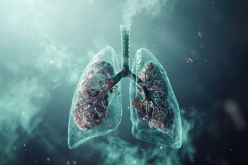 An accurate and detailed computer-generated image of human lungs showcasing their anatomy and structure, Visualisation of a healthy human lung, AI Generated