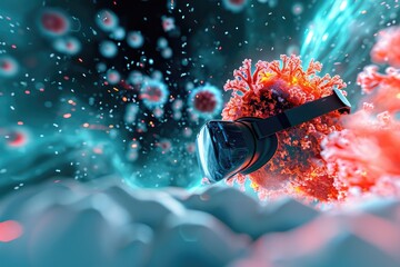 Goggles Resting on Coral, VR demonstration of a vaccine inoculation at the cellular level, AI Generated