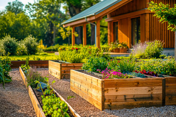 Wooden raided beds in modern garden growing plants herbs spices vegetables and flowers near a wooden house in the countryside on a sunny day - obrazy, fototapety, plakaty