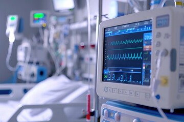 Fototapeta premium A hospital room featuring various medical equipment and monitors used for patient care and monitoring, Wireless patient monitoring system in a hospital ward, AI Generated