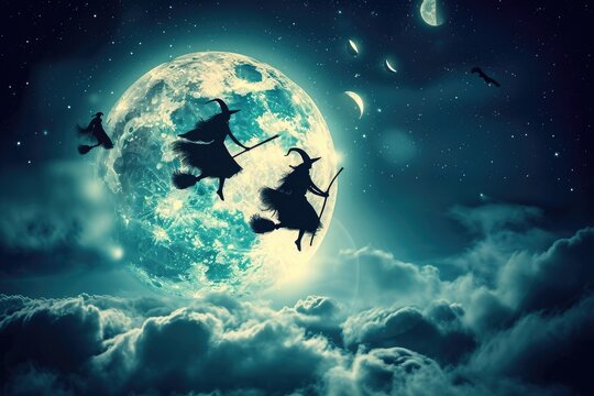 Two witches can be seen flying in the night sky over a full moon, Witches flying in the sky on their broomsticks against a full moon, AI Generated