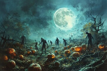 A realistic painting depicting a diverse group of people gathered in a forest, surrounded by pumpkins, Zombies creeping through a pumpkins patch in moonlight, AI Generated - obrazy, fototapety, plakaty