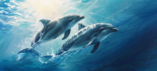 Fototapeta premium Close-up of a pair of dolphins. bright sun. above the water. generative ai