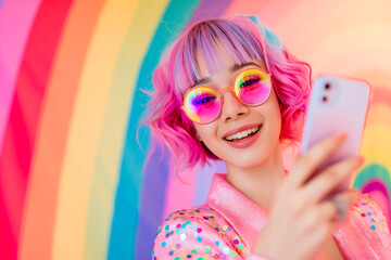 Young non-binary or lesbian influencer recording a candid video for social media, capturing her lifestyle and setting the latest trends, content creator. Pink and rainbow background