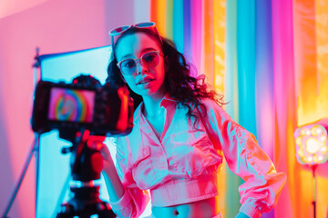 Young non-binary or lesbian influencer recording a candid video for social media, capturing her lifestyle and setting the latest trends, content creator. Pink and rainbow background