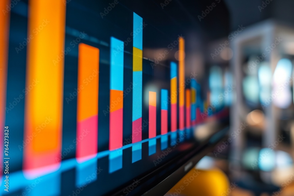 Poster a detailed close-up view of a vibrant and well-defined bar chart displayed on a wall, a bar chart re