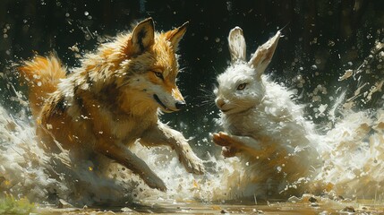 a picture of a rabbit and a fox - obrazy, fototapety, plakaty