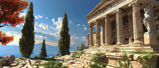 Obraz premium Ancient Greek temple on sky background, scenic view of old building on mountain top in summer. Concept of Greece, antique, civilization, landscape, travel.
