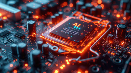 Hot AI processor on computer circuit board, main chip of artificial intelligence machine. Concept of microchip, technology, cpu, energy, data, light, semiconductor - obrazy, fototapety, plakaty