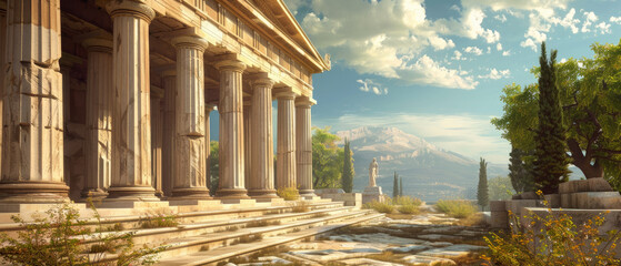 Fototapeta premium Ancient Greek temple in sunlight on sky background, landscape with old building in summer. Concept of Greece, antique, civilization, travel.