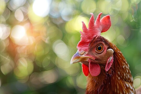 chicken in the garden on a farm close-up. photo of a chicken head. bokeh generative ai