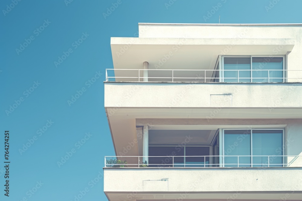 Poster a photo capturing a towering white building displaying exquisite architecture, featuring numerous ba