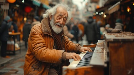 Fototapeta na wymiar Poor man plays piano on the street, his melodies weaving through the bustling city, evoking empathy and a sense of shared humanity