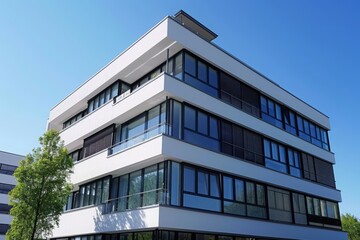 Obraz premium A large white building featuring a multitude of windows, providing ample natural light to the interior, A Bauhaus style building with minimalistic designs, AI Generated
