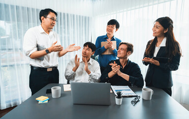 Excited and happy office worker employee celebrate after make successful strategic business...