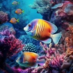 Naklejka na ściany i meble Animals of the underwater sea world. Ecosystem. Colorful tropical fish. Life in the coral reef