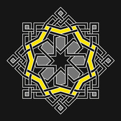 Naklejka premium Geometric star with a new and unique seamless shape, modern Arabic shape, intersection of lines and arabesque decoration, Moroccan design, black grey and gold colors