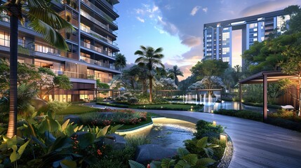 A high-end residential complex showcasing contemporary architecture, lush landscaping, and premium amenities that redefine luxury living in an urban setting. - obrazy, fototapety, plakaty