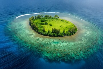 A photo of a diminutive island situated in the vast expanse of the open ocean, A bird's-eye view of an isolated island in the Pacific Ocean, AI Generated - obrazy, fototapety, plakaty