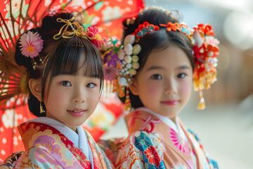 Young girls dressed in asian costumes 