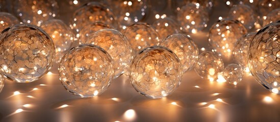 A detailed view of a collection of glass spheres with small bulbs inside, set against a backdrop of faint glowing lights