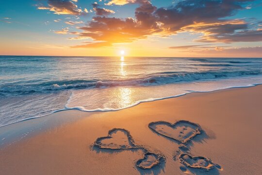 The image shows two hearts drawn in the sand on a beach, with the waves crashing in the background, A beautiful sunrise over a peaceful beach, with hearts drawn in the sand, AI Generated