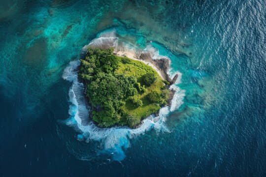 Majestic Island in the Heart of the Ocean, A bird's-eye view of an isolated island in the Pacific Ocean, AI Generated