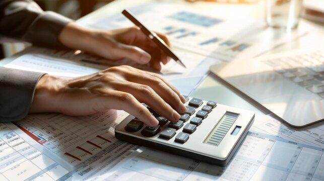 The meticulous attention to detail of an accountant analyzing financial reports is captured in this realistic image, where every element, from the sleek calculator to the neatly organized documents,