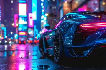 A blue sports car sits parked on a busy city street, surrounded by tall buildings and bustling pedestrian activity, A blue sports car with chrome accents under city neon lights, AI Generated - obrazy, fototapety, plakaty