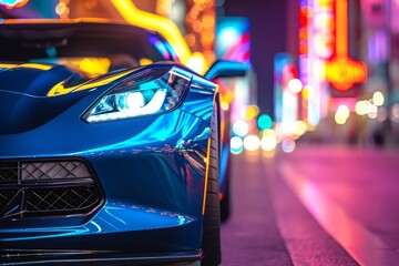A blue sports car parked on the side of the road in a urban setting, A blue sports car with chrome accents under city neon lights, AI Generated - obrazy, fototapety, plakaty
