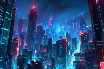 A cityscape at night illuminated by vibrant neon lights, showcasing a futuristic atmosphere, A bold, futuristic cityscape at night, AI Generated