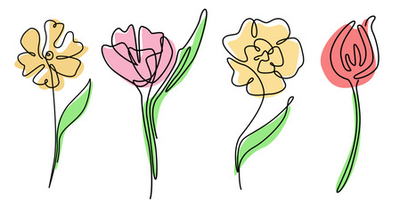 Flowers one line drawing style. Isolated vector.	
