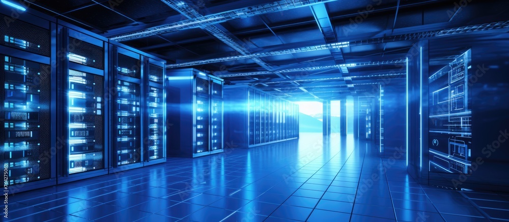 Poster a room filled with multiple rows of servers, showcasing advanced technology and data storage equipme