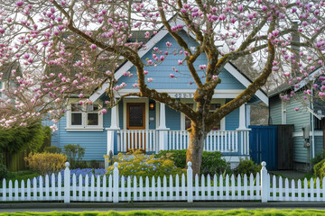 Craftsman house at dawn with a white picket fence and a blooming magnolia tree