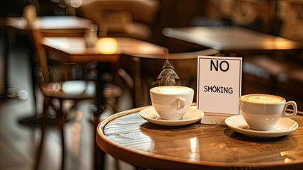 two coffee cups alongside a prominent NO SMOKING sign in a vivid snapshot of modern cafe culture.