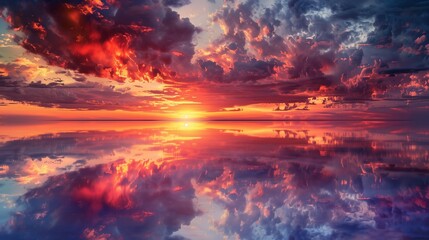 Naklejka premium Twilight Serenity: Panoramic Sunset Over Calm Waters. Experience the tranquility of twilight with this panoramic view of the sunset, where the sky meets calm waters in perfect harmony.