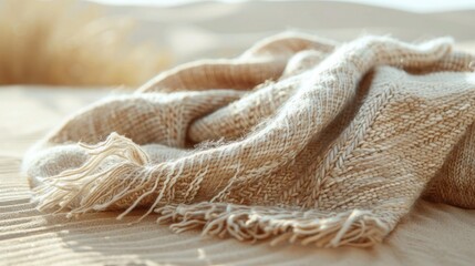 Close-up of fabric textures and accessories showcasing desert aesthetics, with a focus on earthy tones and materials, against a backdrop of softly blowing sand