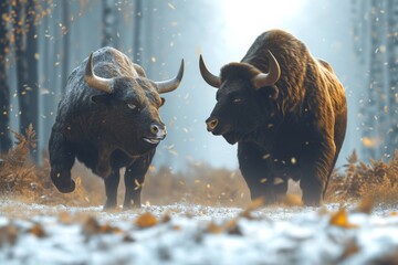 Two bison standing close to each other in the forest, showcasing their powerful presence and natural behavior, A bull and a bear representing the stock market trends, AI Generated - obrazy, fototapety, plakaty