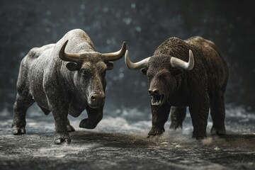 Naklejka premium Two bison standing side by side in the rain, A bull and a bear representing the stock market trends, AI Generated