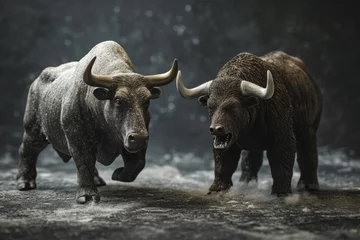 Fototapeten Two bison standing side by side in the rain, A bull and a bear representing the stock market trends, AI Generated © Ifti Digital