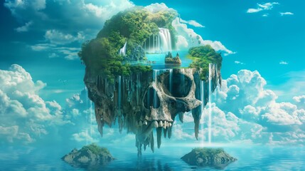 a skull in the skying being a island with waterfalls