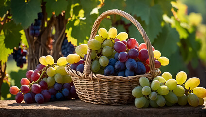 fresh grapes in a basket against the background of a vineyard   summer