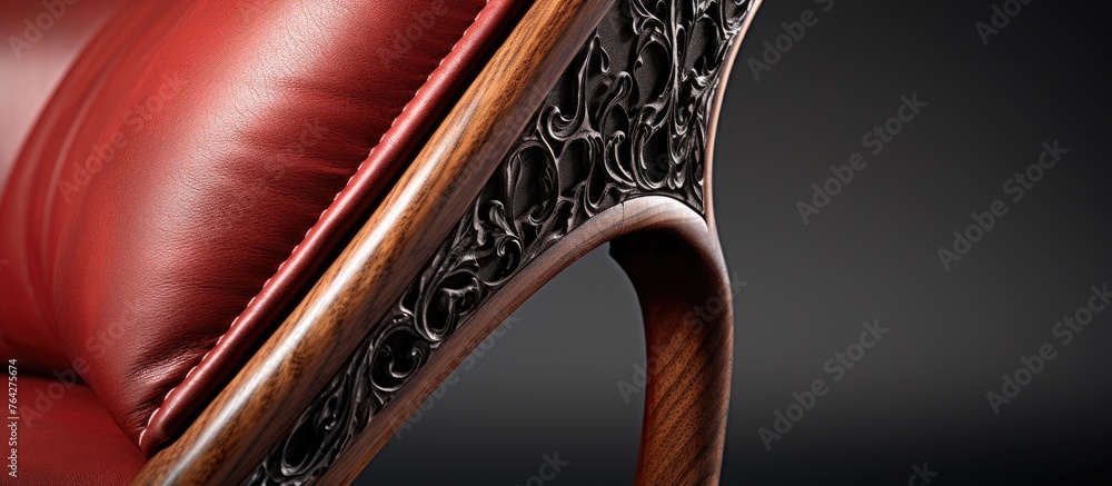 Poster an image showing a detailed view of a crimson leather seat supported by a solid timber structure