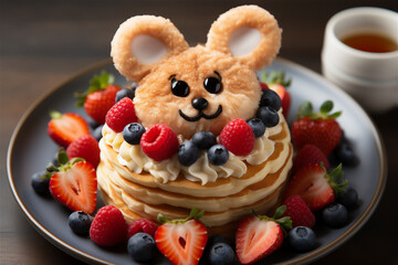 Creative summer children's breakfast. Sweet bear pancakes with berries and cream with strawberries,...