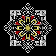 Fototapeta na wymiar Geometric star with a new and unique seamless shape, modern Arabic shape, intersection of lines and arabesque decoration, Moroccan design, black gold and red