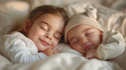 Two Young Children Sleeping Together on Bed