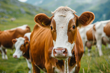 A cow is standing in a field with other cows. The cow is looking at the camera